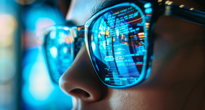 A young woman wearing glasses, with the reflection in her glasses showing that she is programming, highlighting her focus and tech-savvy nature.
