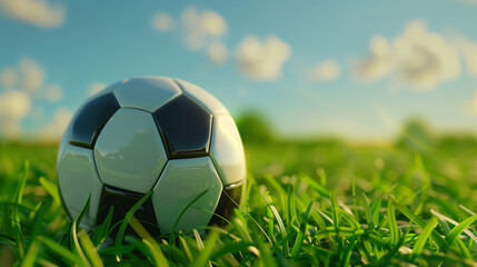 Fototapeta premium Traditional soccer ball on a field with green grass. World Cup, football match. Professional sports, hobbies, recreation. 3 d illustration for banner, poster, postcard design with copy space