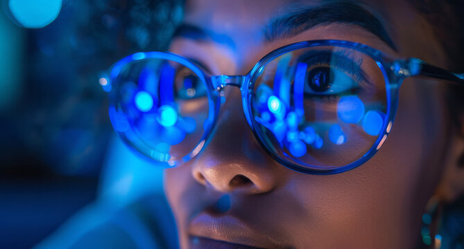 A young woman wearing glasses, with the reflection in her glasses showing that she is programming, highlighting her focus and tech-savvy nature.