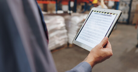 Tablet, hand and inspector in factory, screen and safety precautions for shipping, online and inventory. Wholesale, digital and technology for logistics, person and health manager in supply chain