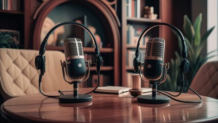 two microphones placed on a table, designed for a podcast setting