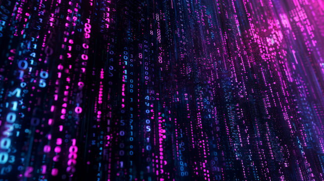 abstract digital representation of binary code in purple hues, cascading down like rain. The image evokes a sense of data flow, technology, and futuristic concepts in a digital world