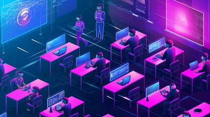 Futuristic Classroom with Students Engaged in AR Learning, A Glimpse into Advanced Education Technology