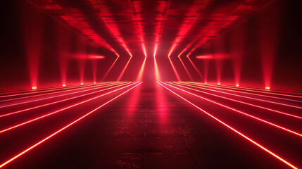 A tunnel illuminated with neon red stripes creates a futuristic and vibrant atmosphere, enhancing...