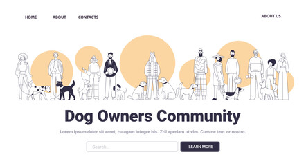 Dog owners with various breeds standing together minimalist line art style orange circular backgrounds community theme pet lovers