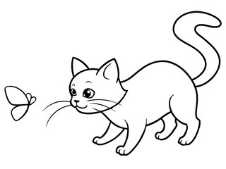 Fototapeta premium A playful kitten chasing a butterfly in line art style