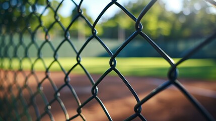 chainlink fence surrounding green baseball field in sunny park with blurred background