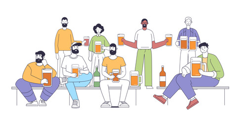 Group of diverse people holding beer glasses and bottles sitting and standing in a casual setting cheerful social gathering leisure activity