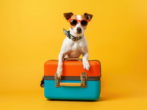 A dog wearing sunglasses and a bandana is sitting on top of a suitcase. The scene has a playful and lighthearted mood, as the dog appears to be posing for a photo