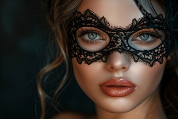 A woman with a black lace mask on her face. She has a very pretty face and is wearing a red lipstick