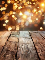 Rustic wooden table with bokeh lights background. Perfect for product display or festive designs.