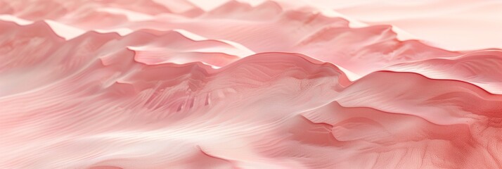 A pink sandy beach with a mountain in the background. The scene is serene and peaceful, with the pink color creating a calming atmosphere