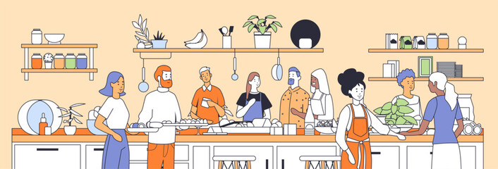 People cooking and socializing in a modern kitchen with plants shelves jars and kitchen utensils. Diverse group enjoying culinary activities