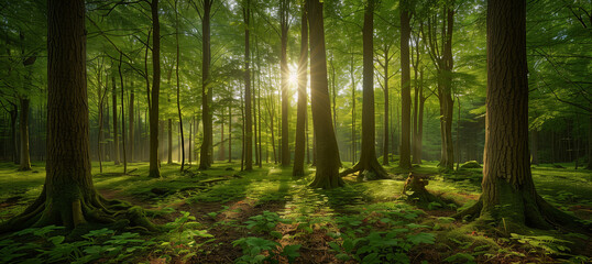 Sunlight streaming through trees, Panoramic Sunny Forest