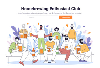 Homebrewing club members holding beer glasses diverse group casual attire outdoor setting with abstract foliage background community gathering