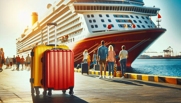 Menschen warten am Hafen auf das Einchecken auf ein Kreuzfahrtschiff