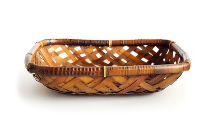 Artisanal Brown Wooden Bamboo Rattan Basket Tray for Decorating Home Interiors on White Background