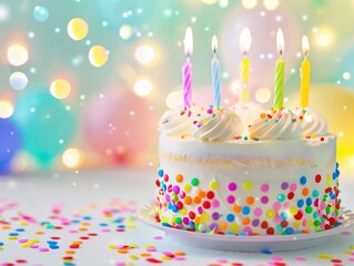  photo of birthday cake with candles on pastel background