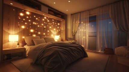 Warm bedroom ambiance with lit star-shaped fairy lights, offering a tranquil and romantic setting