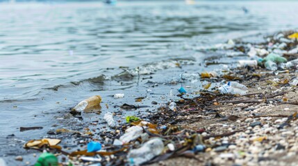 A beach littered with plastic waste along the shoreline, highlighting pollution concerns