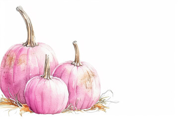 Pretty watercolour illustration of a group of 3 pumpkins, painted in pink, to the left side, with copy space. Great for social media, websites, headers.