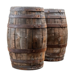 Fototapeta premium Two rustic wooden barrels with metal bands stand isolated on a transparent checkered pattern