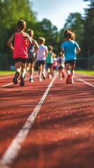 A group of children run in a line on a school track field. Vertical banner with copy space