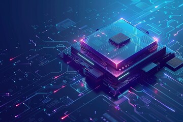Futuristic microchip processor with lights on the blue background. Quantum computer, large data processing, database concept