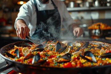 Fototapeta premium Chef Prepares Seafood Paella in Restaurant Kitchen