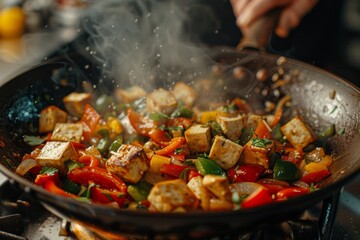 Chef Sautéing Tofu, Peppers, and Onions in a Wok - Powered by Adobe