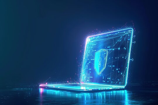 Futuristic data protection concept with glowing low polygonal laptop and protective shield with access lock isolated on bright blue background. contemporary wireframe mesh design elegant design