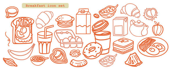 Breakfast hand drawn ingredients vector set. Crunches. Morning meal menu design. Collection of dishes for breakfast and brunch. Sketch. Fresh vegetables, cheese, scrambled eggs, bacon, coffee.