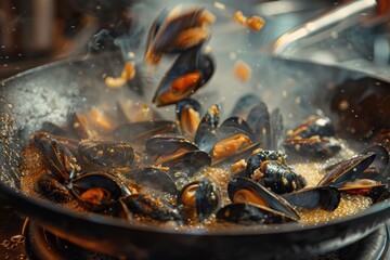 Chef Tossing Mussels in Garlic and Wine Sauce