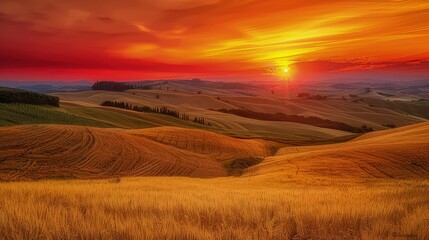 Fototapeta premium : A serene sunset over a peaceful river. The sun's reflection shimmers on the water's surface, creating a path of light that leads to the horizon. 