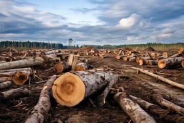 Fototapeta premium The Aftermath Of Timber Harvesting. A Landscape Of Felled Trees Under Moody Skies. Generative AI