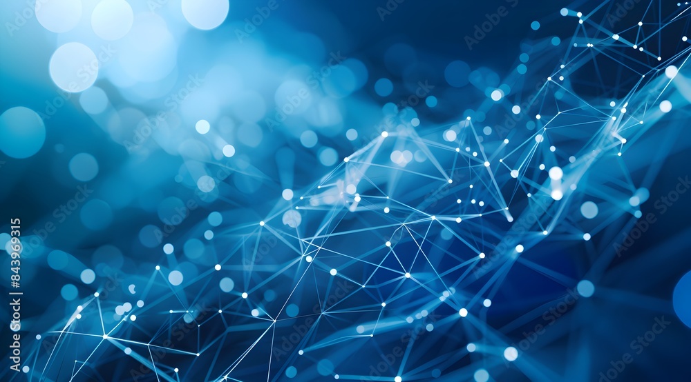 Poster abstract blue background with network connection dots and lines, depicting a digital technology conc
