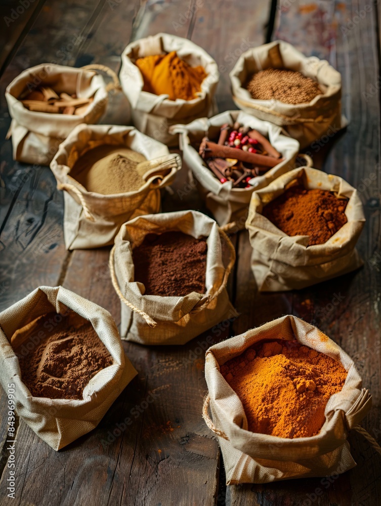 Aufkleber Various spices in open paper bags sit on a rustic wooden table, showcasing a diverse array of colors and textures. Generative AI