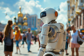 Fototapeta premium Cityscape Tourist Guide: Robot-led Urban Exploration