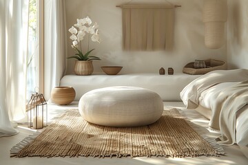 Minimalist boho bedroom with natural decor elements. Cozy and serene space with wicker accents and orchids.