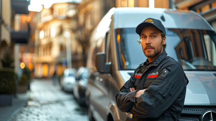 A man in a black jacket stands in front of a silver van. He is wearing a baseball cap and has his arms crossed. The scene takes place on a city street with several cars parked along the curb