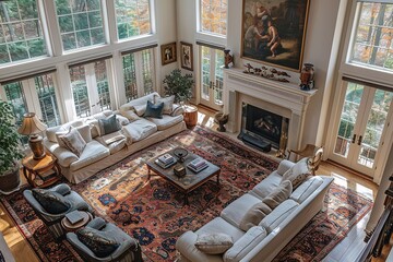 High angle view of living room with comfortable sofas and coffee table arranged in front of fireplace and next to large window.