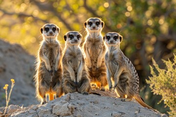 Fototapeta premium Curious Meerkats Standing Guard at Sunset