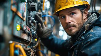 A man in a yellow hard hat is working on a machine. He is wearing a blue jacket and gloves