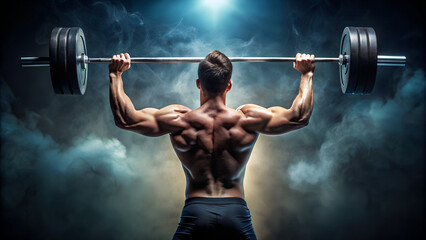 Back view of a young man lifting a barbell. blurred background, realistic light and shade,
