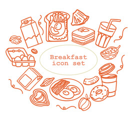 Breakfast hand drawn ingredients vector set. Crunches. Morning meal menu design. Collection of dishes for breakfast and brunch. Sketch. Fresh vegetables, cheese, scrambled eggs, bacon, coffee.