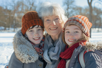 Fototapeta premium Winter Family Portrait: Smiling Grandmother and Grandchildren