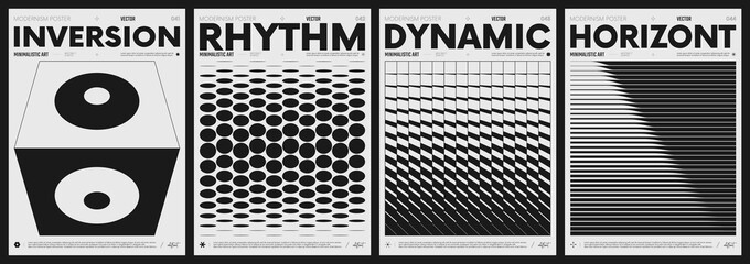 Modern abstract poster collection, vector minimalist posters with geometric shapes in black and white, brutalist style inspired graphics, bold aesthetic, shape distortion effect set 11