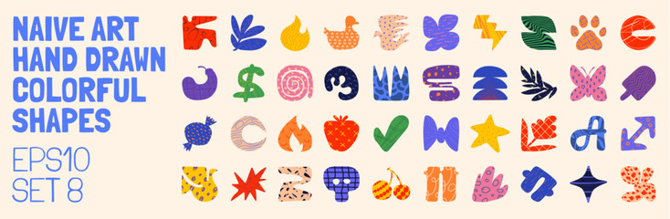 Collection of minimalistic bizarre abstract geometric shapes and forms with different textures in contemporary style, Hand drawn colorful primitive, Vector doodle objects and graphic elements, set 8