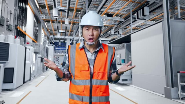 Wondering Asian Male Engineer With Safety Helmet Saying Why Working Doubtfully At Factory Digitalization