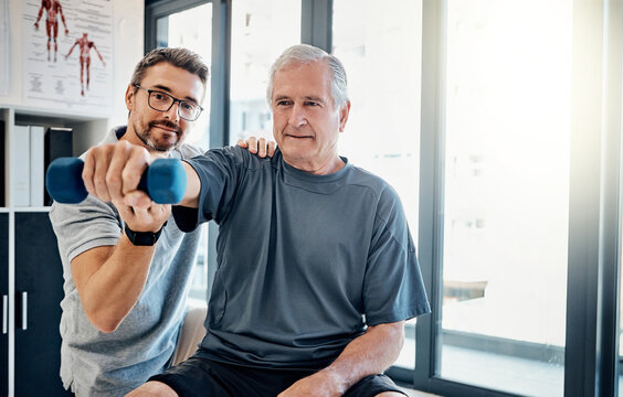 Weight, senior man and physiotherapist with healthcare, wellness and client assessment at doctor. Consultation, rehabilitation and arm exercise from physical therapy and recovery of patient with care